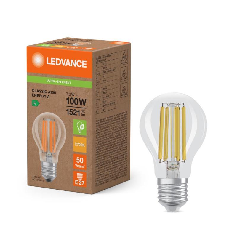 Ledvance E27 Besonders effiziente LED Lampe Classic klar 7,2W wie 100W 2700K warmweißes Licht